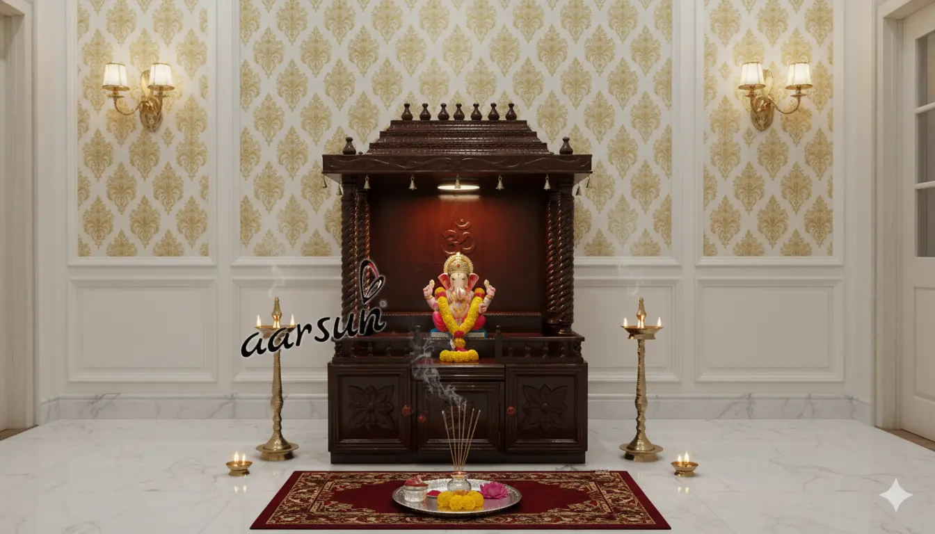 Wooden Temple with Brass Bells / Pooja Ghar MNDR-0403