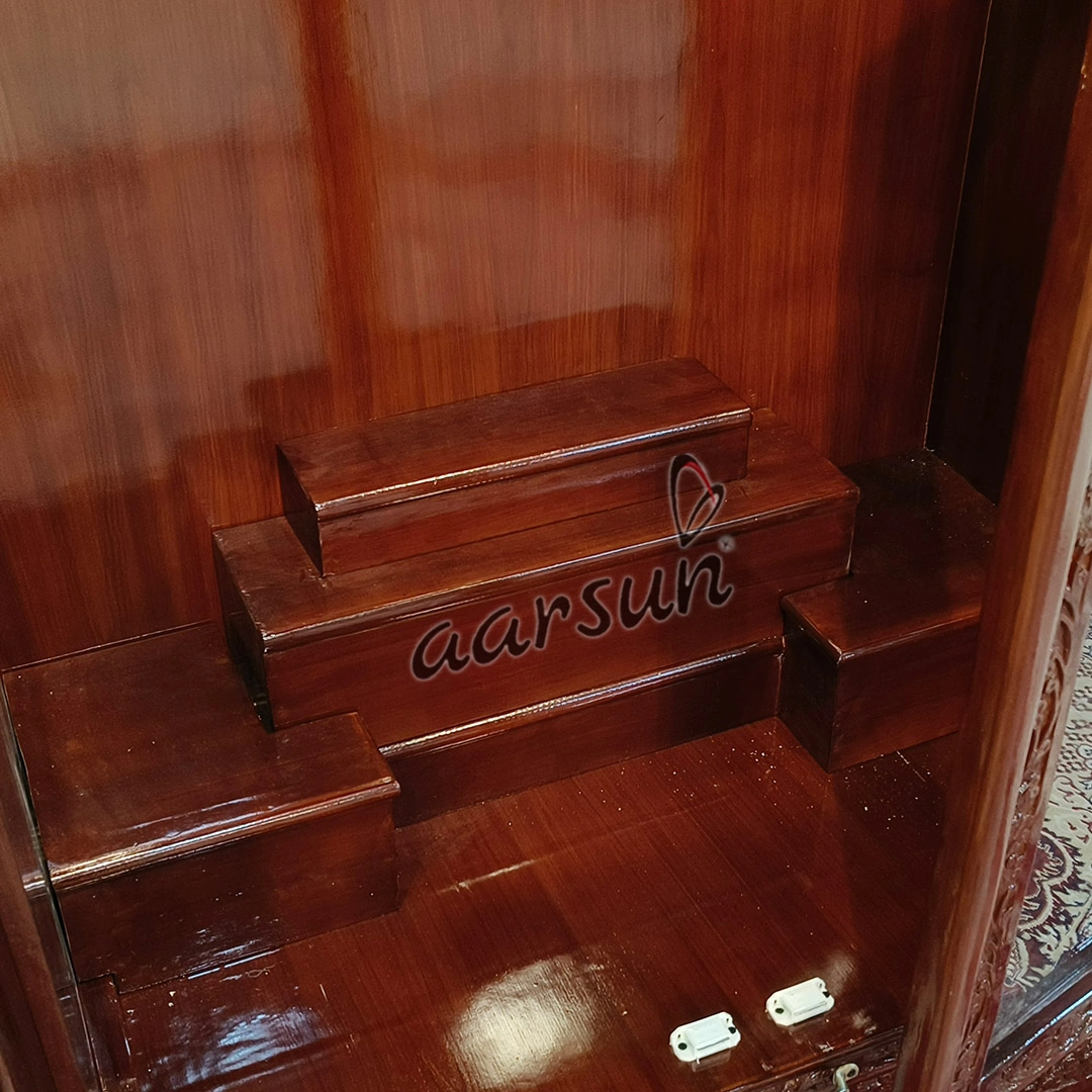 Carved Pooja Mandir with Cabinets and Glass Doors View 4