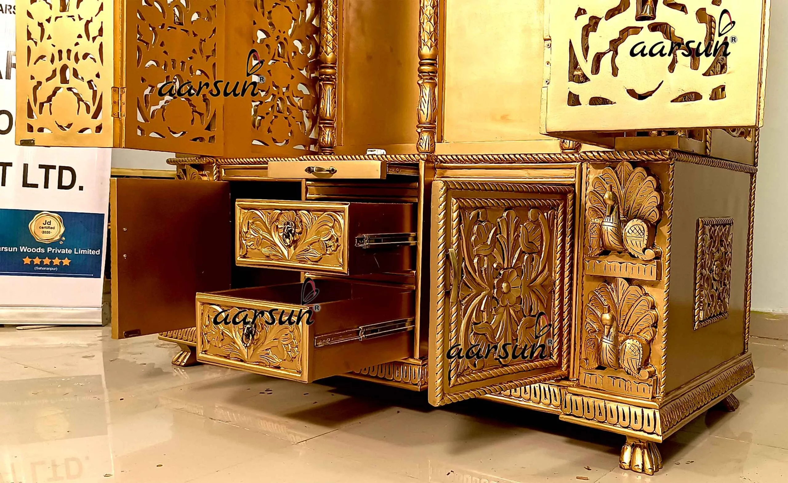 Carved Pooja Temple in Antique Gold YT-672 View 3