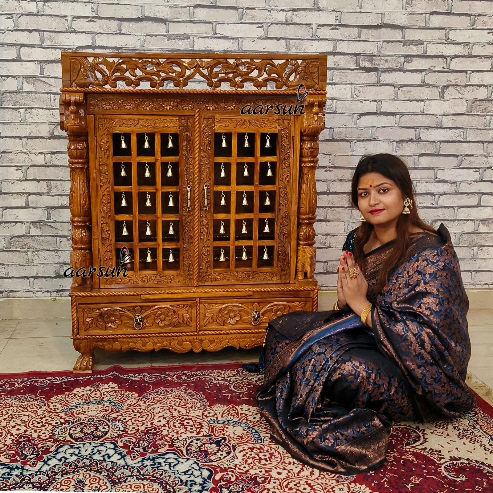 Classic Teakwood Temple with brass bells View 2