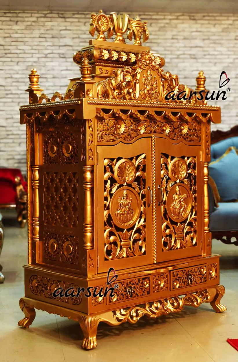 Exquisite Gold Wooden Temple, Home Mandir with Video View 2