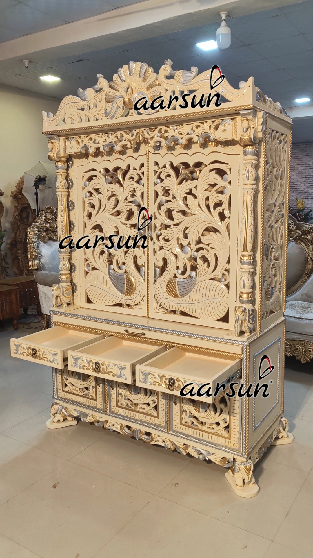 Fully Hand carved Temple with Peacock Carving View 9