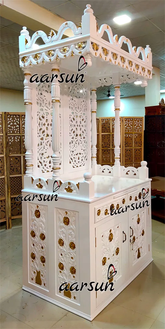 Grand Temple in Marble-Like White Finish Carved in Teak YT-464 View 2