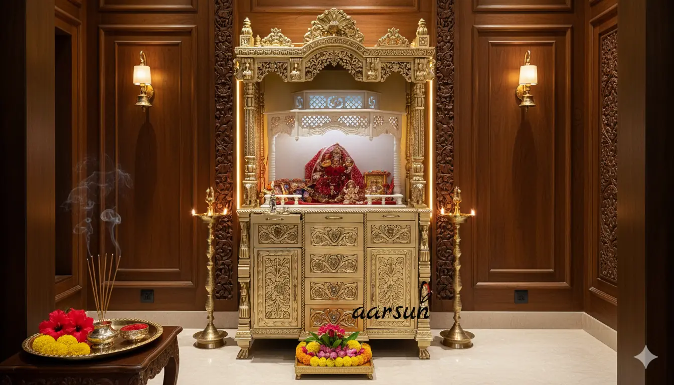Luxurious Golden Wooden Mandir with Storage Cabinets