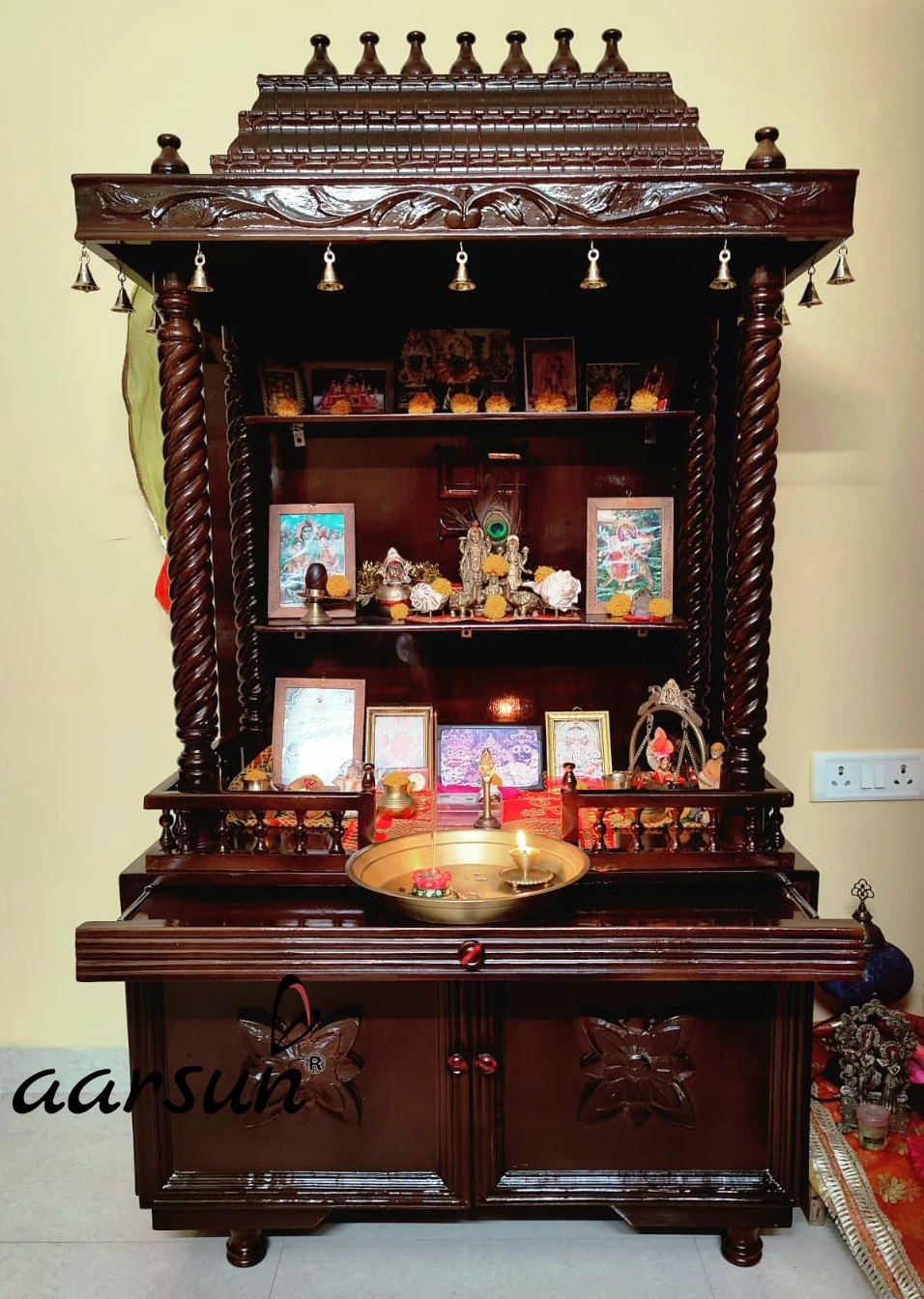 Majestic Wooden Temple for Home with Shelves and Storage View 2