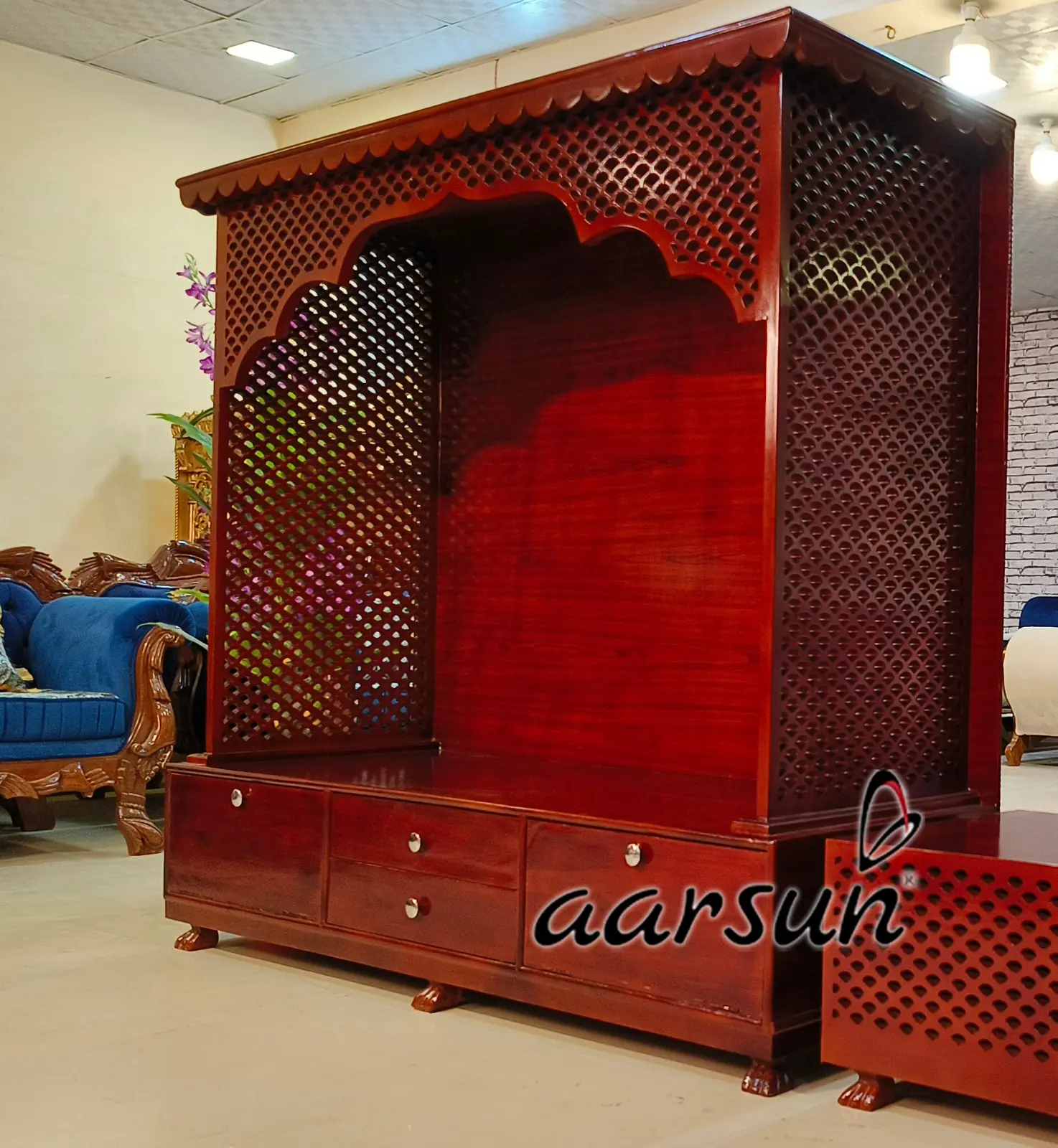 Modern Pooja Mandir for home Wooden Jali design View 4