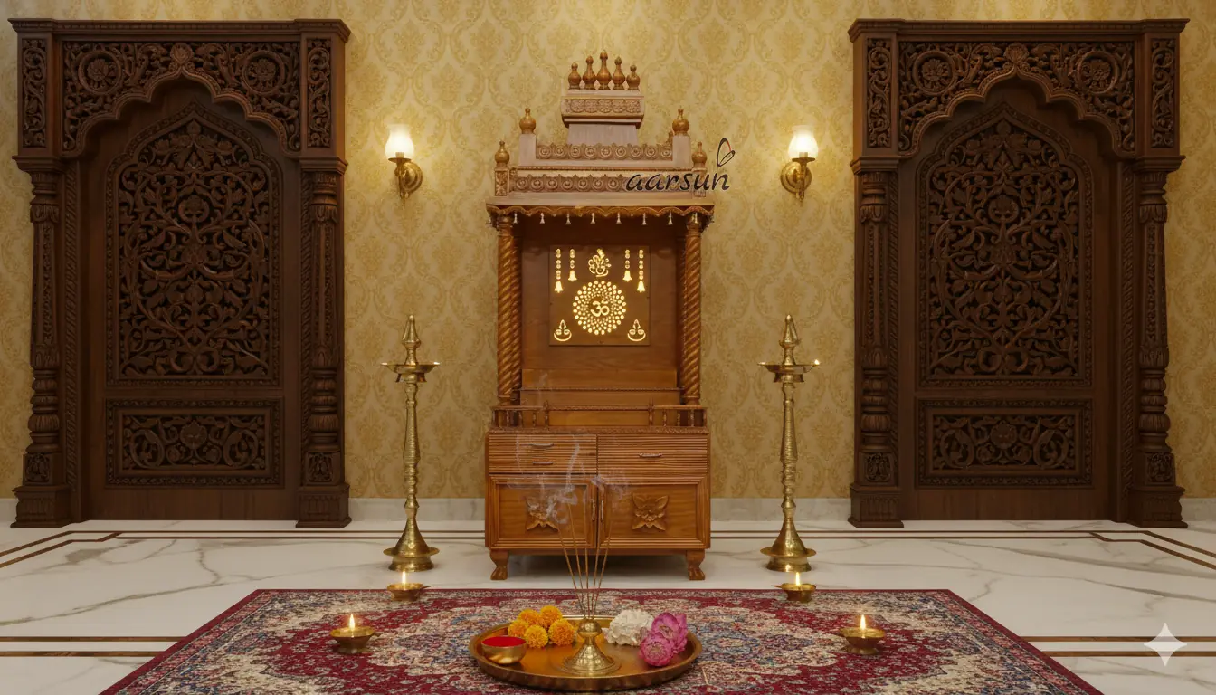 Modern Pooja Mandir with Back Om Design, Jali Work