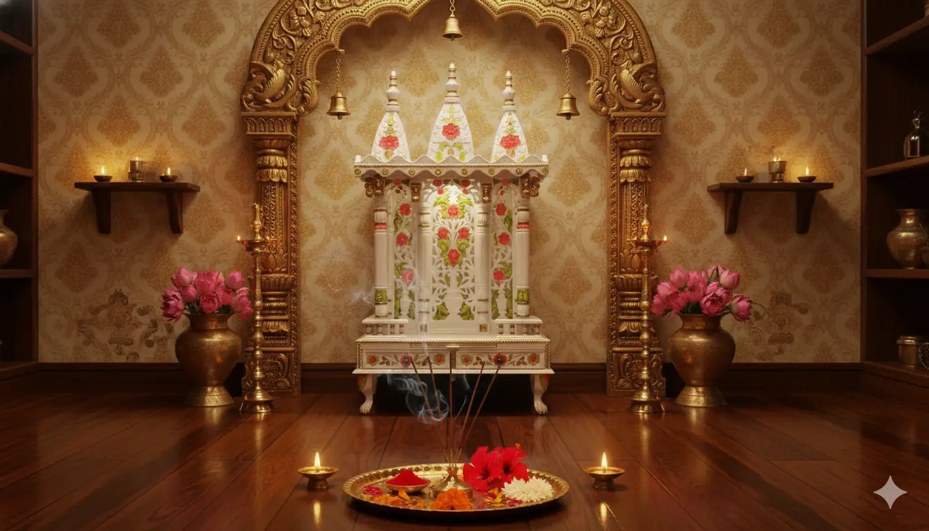 North Indian Design Temple in Marble White Polish