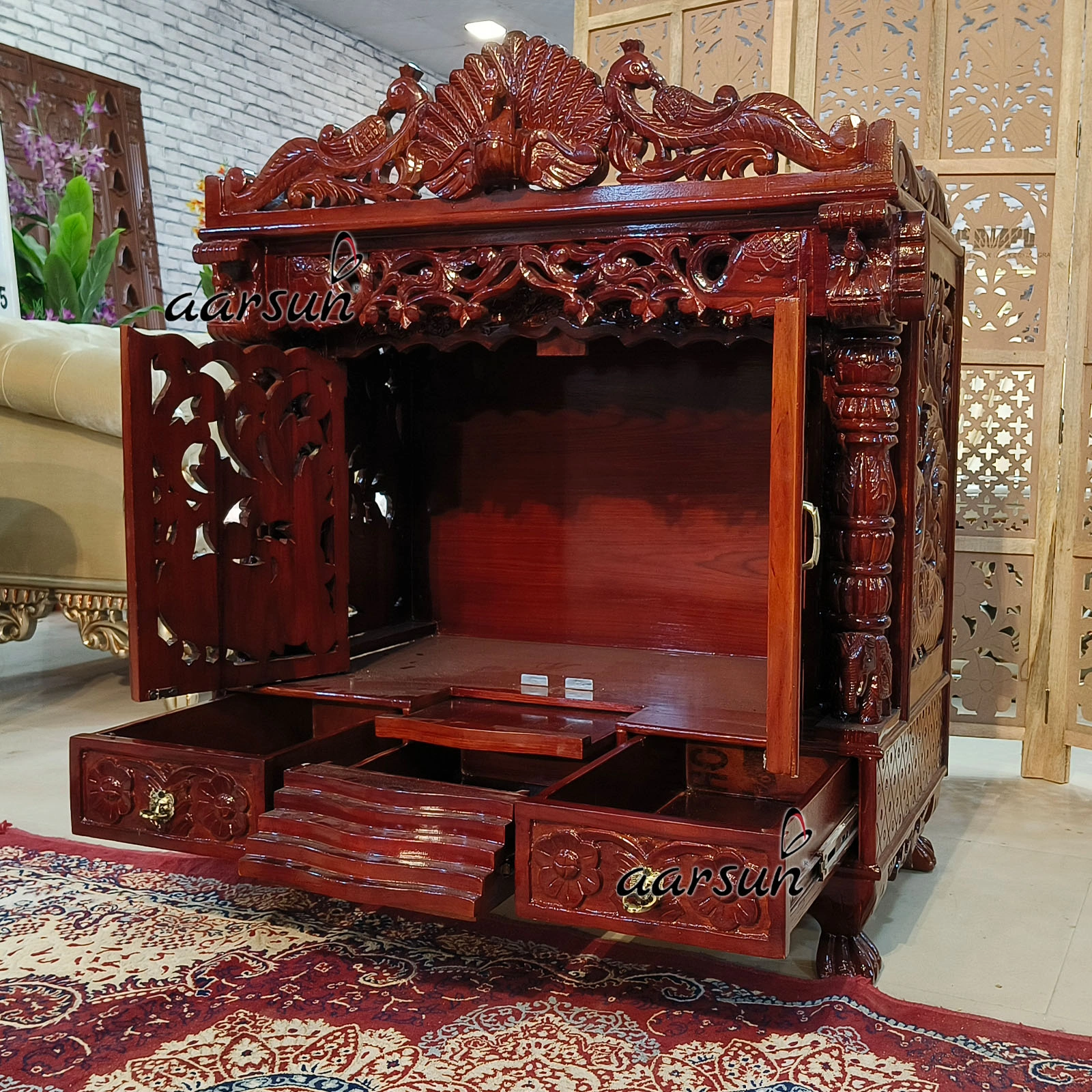 Wooden North Temple Design With Peacock Carving View 3