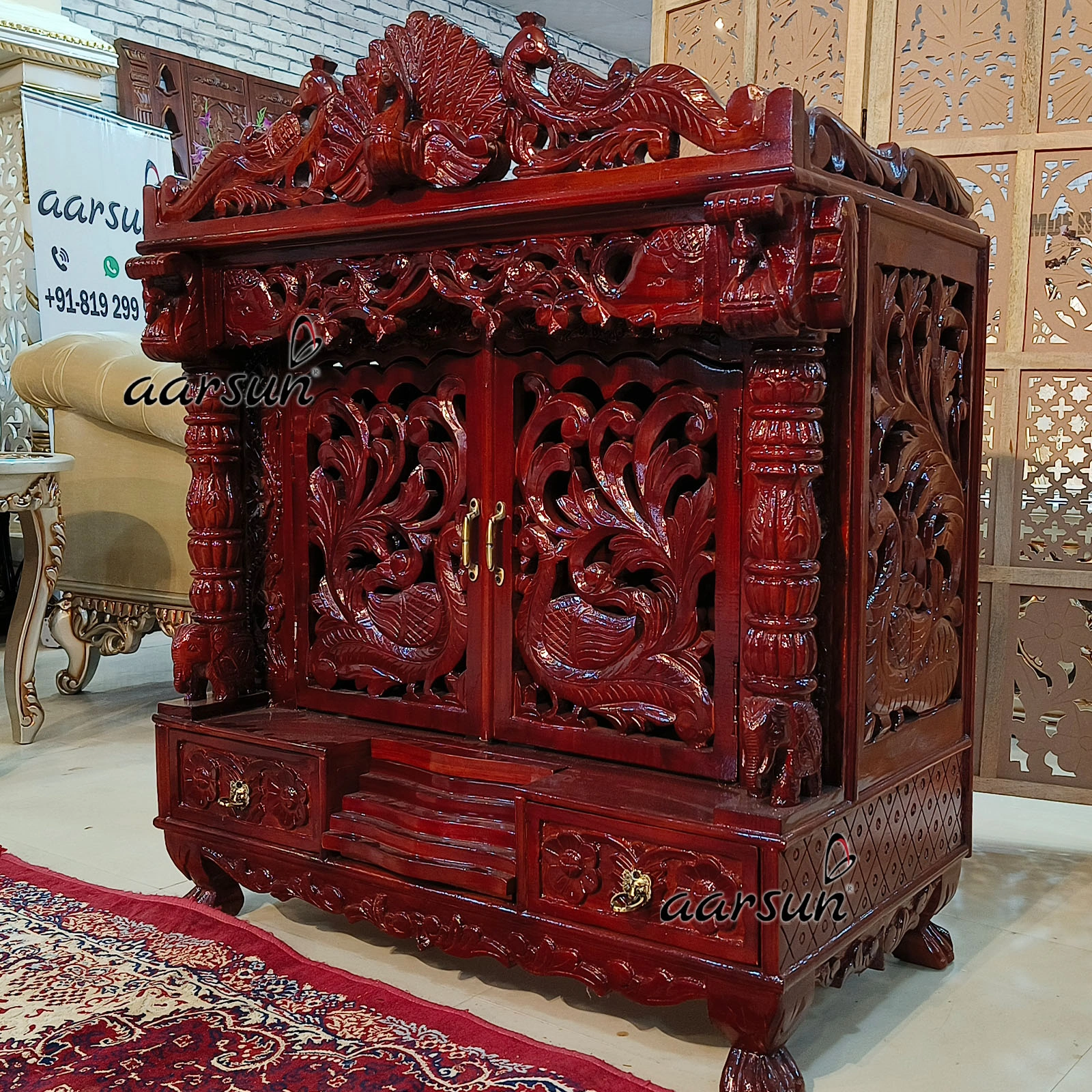 Wooden North Temple Design With Peacock Carving