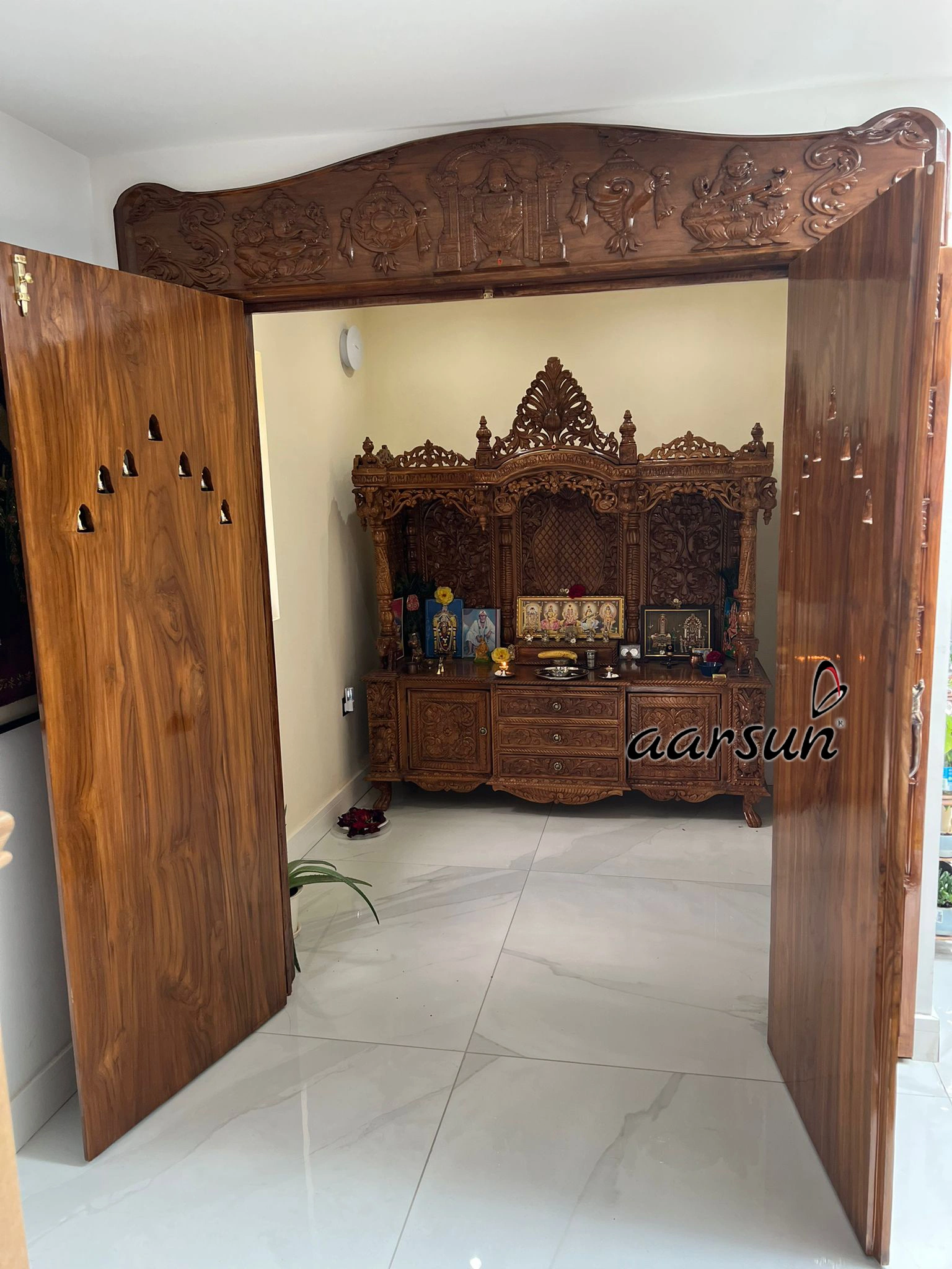 Premium Large Wooden Handcarved Temple with Storage View 2