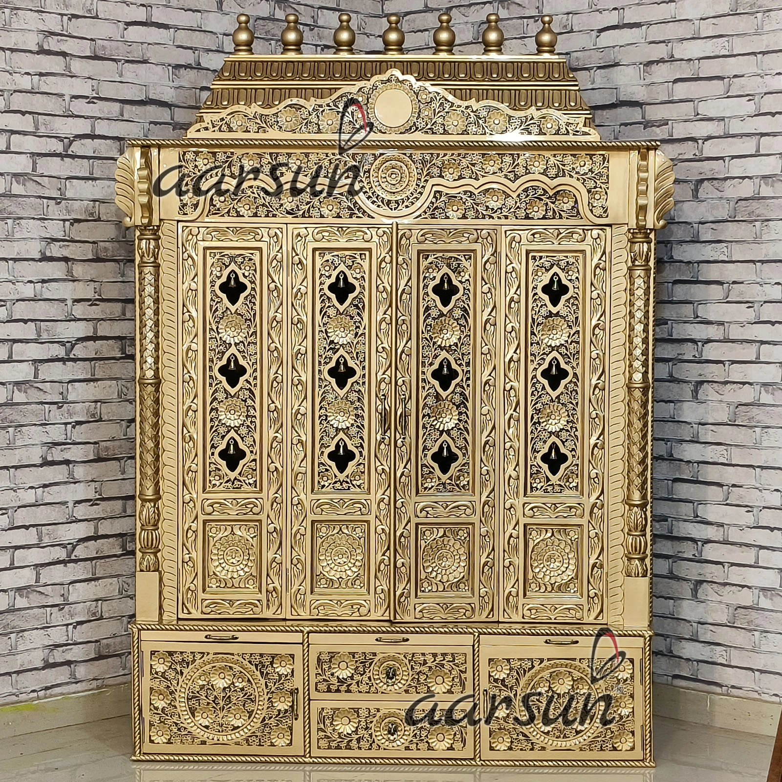 Puja Mandir- Teak wood With Antique Gold Paint View 2