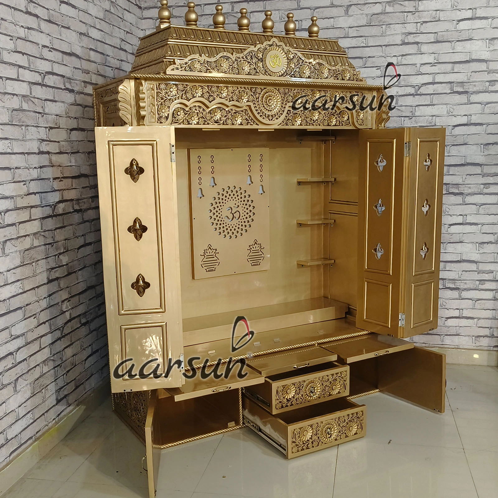 Puja Mandir- Teak wood With Antique Gold Paint View 6