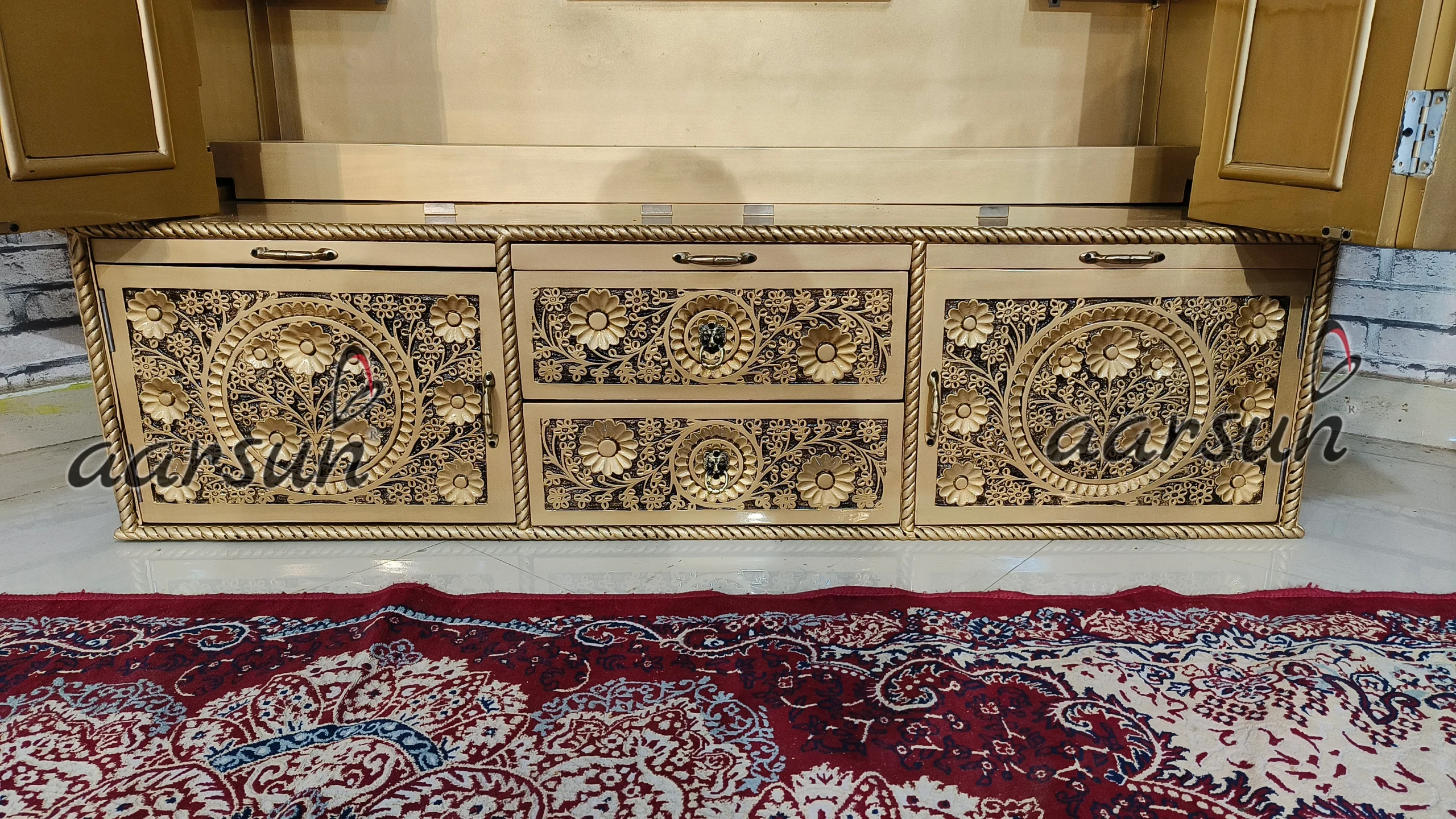 Puja Mandir- Teak wood With Antique Gold Paint View 10