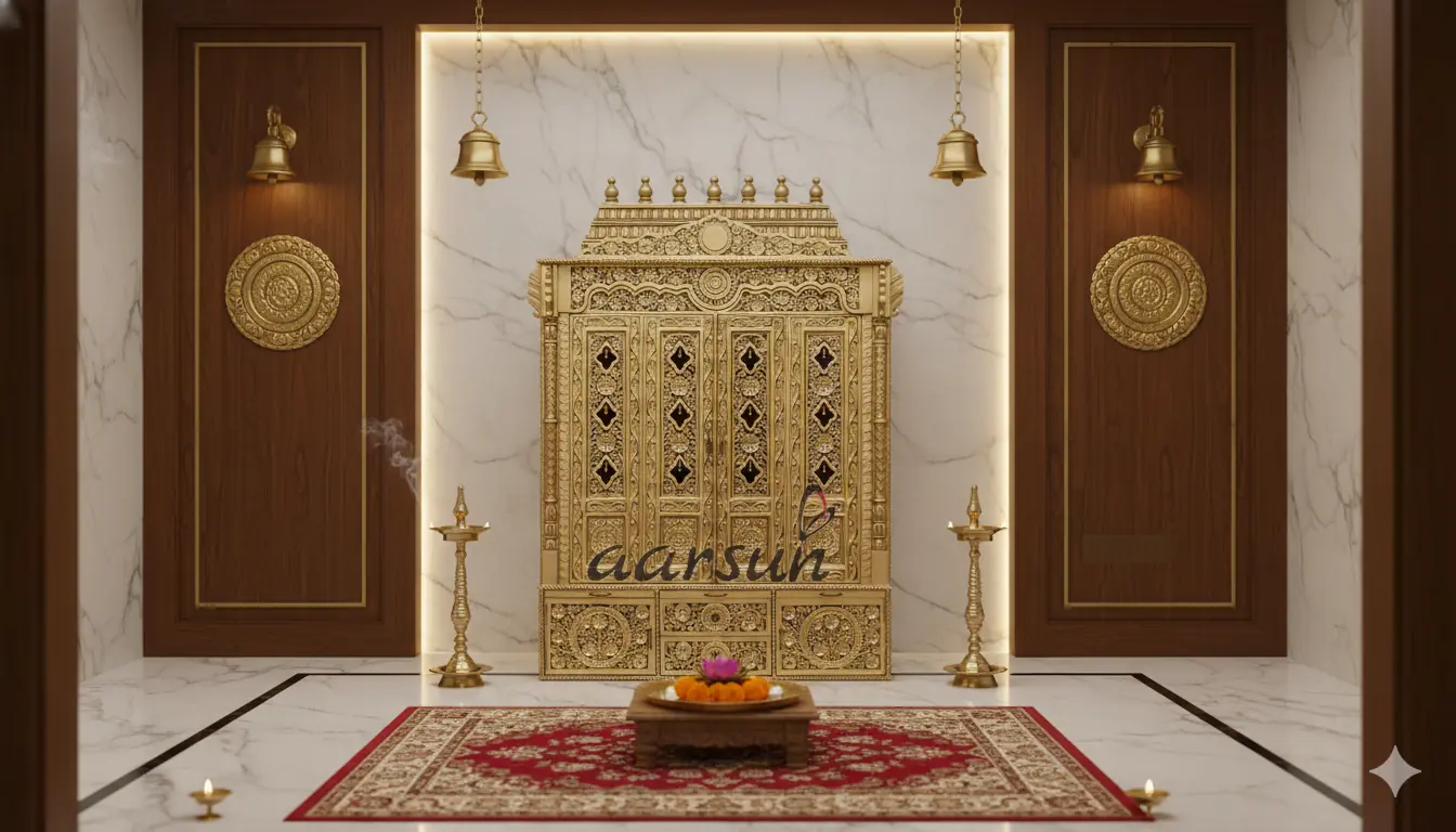 Puja Mandir- Teak wood With Antique Gold Paint