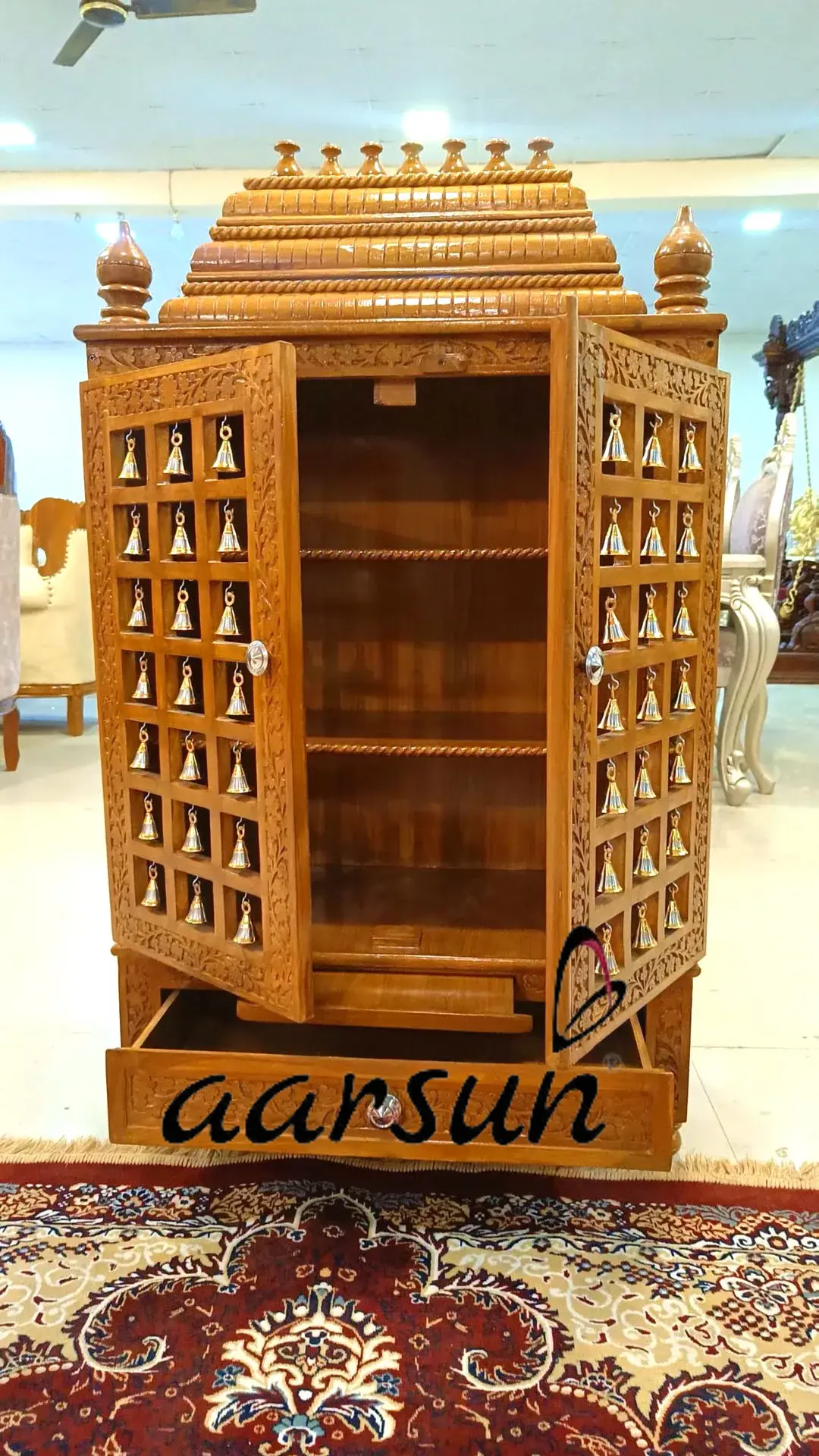 Trending Home Mandir Design Puja Unit with Doors & Brass Bells View 2
