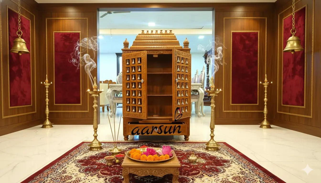 Trending Home Mandir Design Puja Unit with Doors & Brass Bells