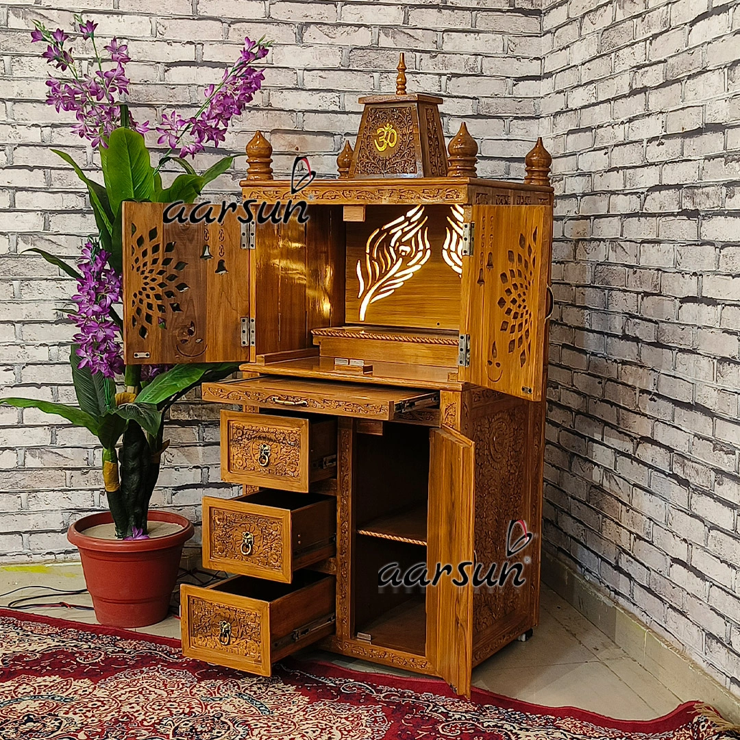 Unique Peacock Feather Panel Design Wooden Temple with LED View 4