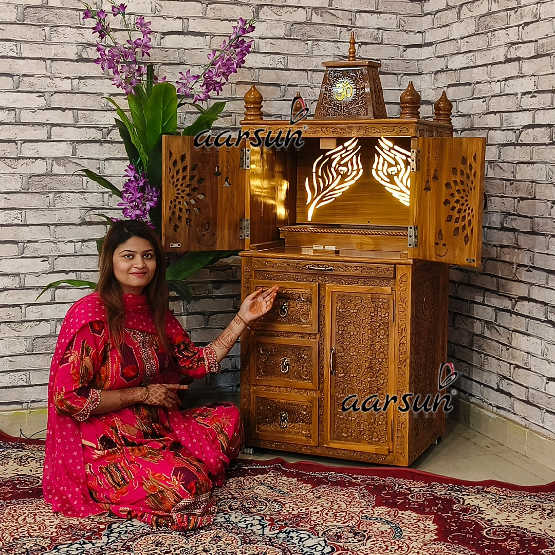 Unique Peacock Feather Panel Design Wooden Temple with LED View 6