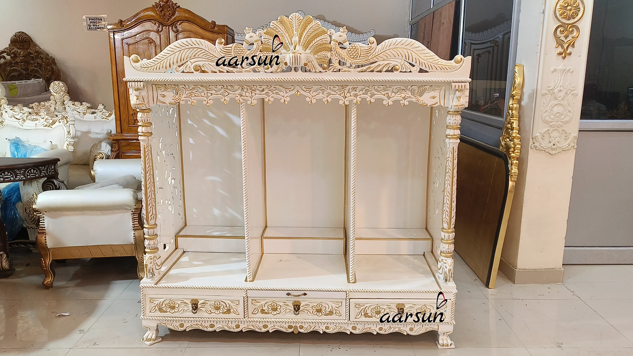 White Temple with Peacock Carving View 2