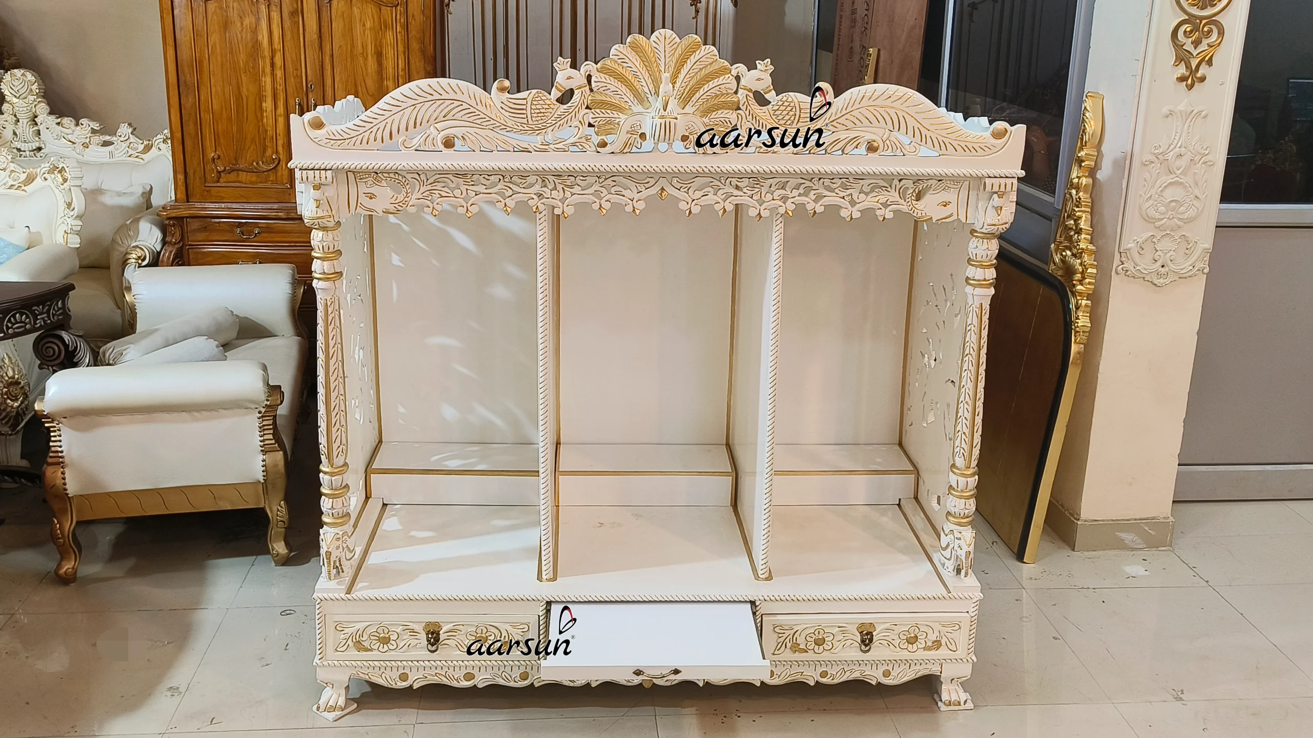 White Temple with Peacock Carving View 7