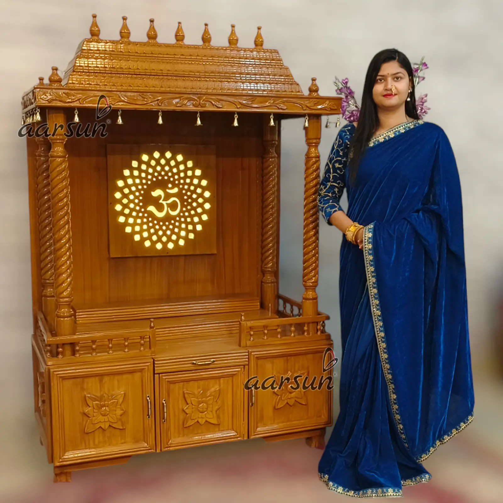 Wooden Pooja Mandir with LED Panel View 5